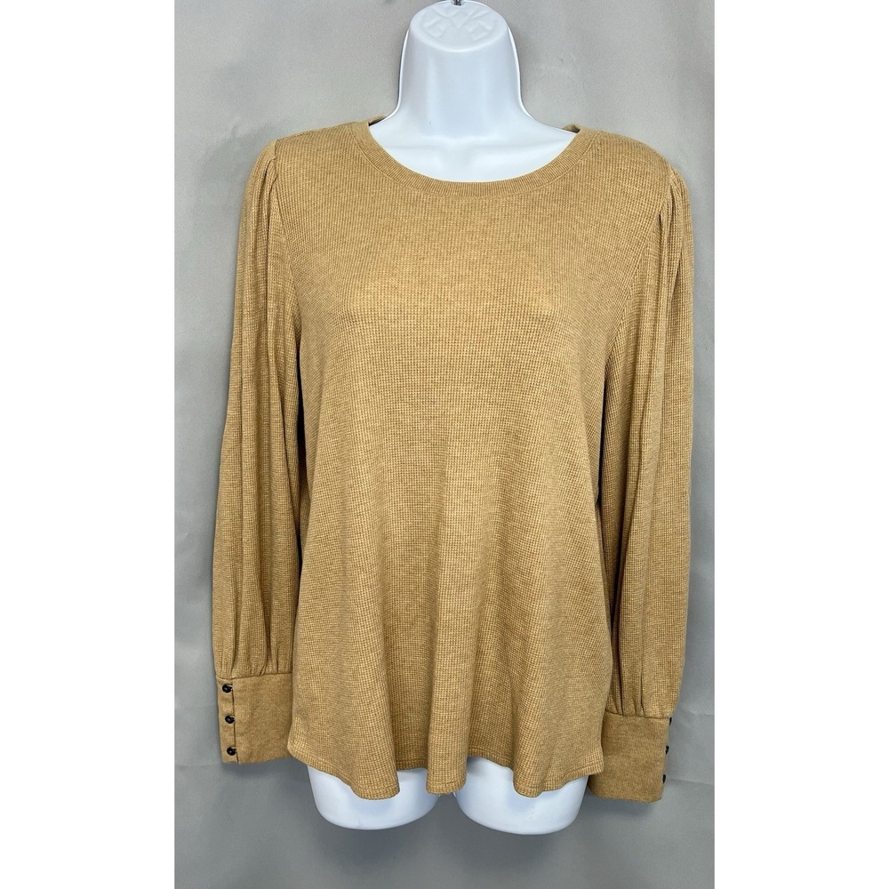 J Jill Women's Sz Medium Tan crew neck Waffle Top long sleeve cotton